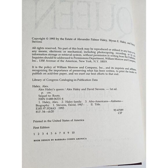 Alex Haley 1993 Queen The Story Of An American Family FIRST EDITION HardCover DJ - Picture 3 of 9